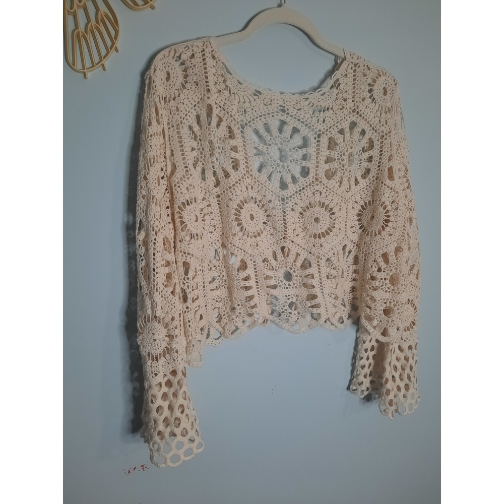 Boho Cream Crochet Shrug Cardigan Floral Open Knit Cropped Tie Front Top Womens - Picture 5 of 5